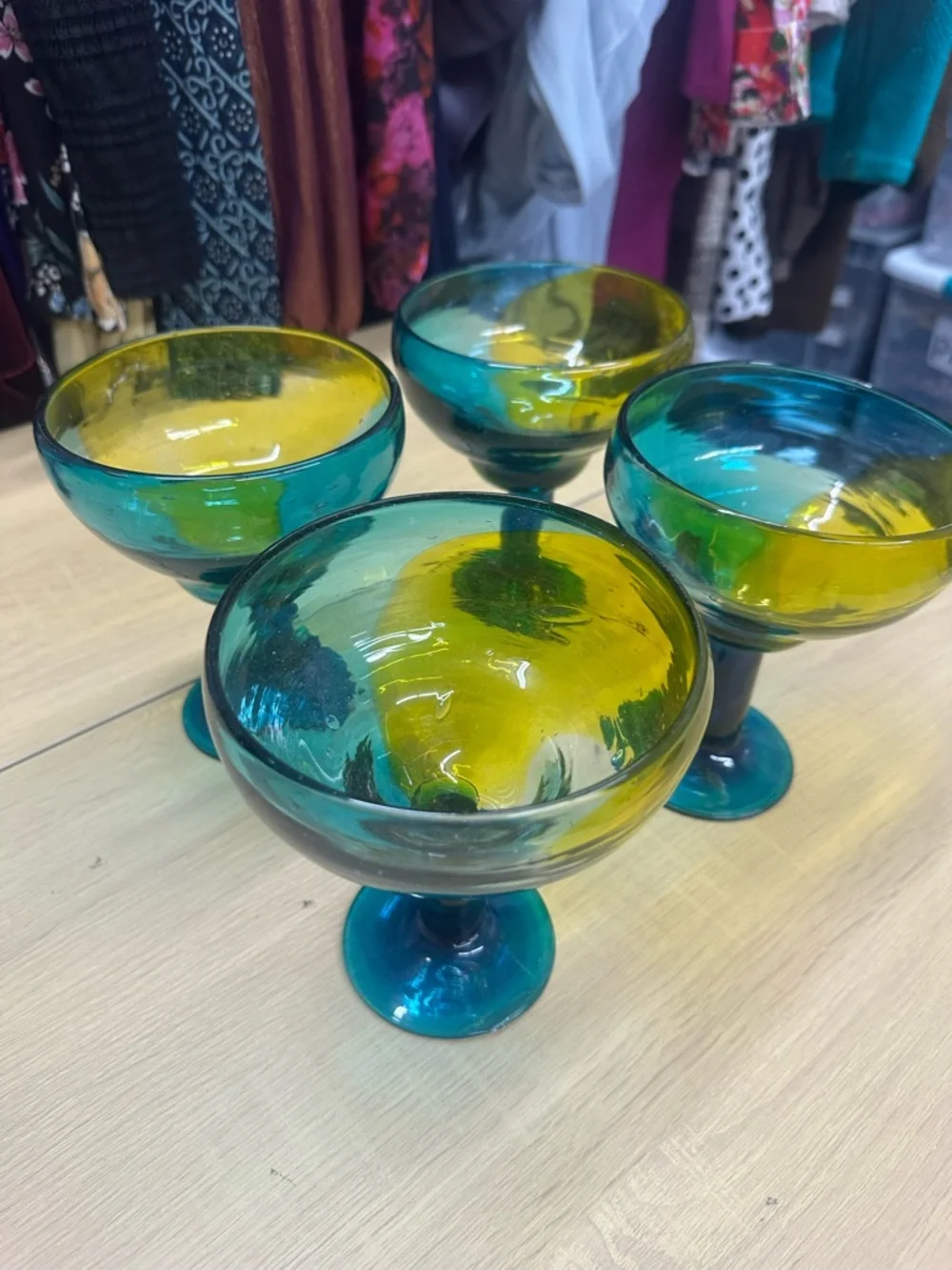 Crate & Barrel Salud Azul Blue, Green & Yellow Ombre Margarita Glasses Set 4